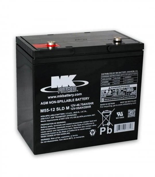 Batterie AGM M55-12 SLD M (en face) de MK Powered pour Scooter électrique senior, pour personne handicapée ou mobilité réduite