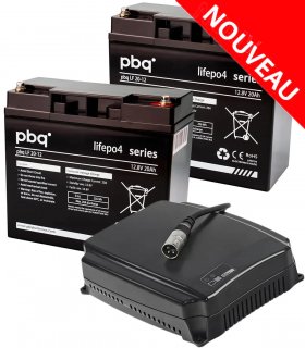 Lot de deux batteries pbq LF LiFePO4 20 Ah et chargeur 6 amp. pour scooter électrique senior PMR, handicapé ou personne âgée