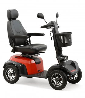 Vue 3/4 avant du scooter électrique handicapé PMR Life & Mobility Presto en rouge